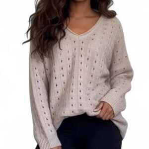 Brandy Melville Italy Taupe Eyelet Knit Wool Blend V‑Neck Sweater Large